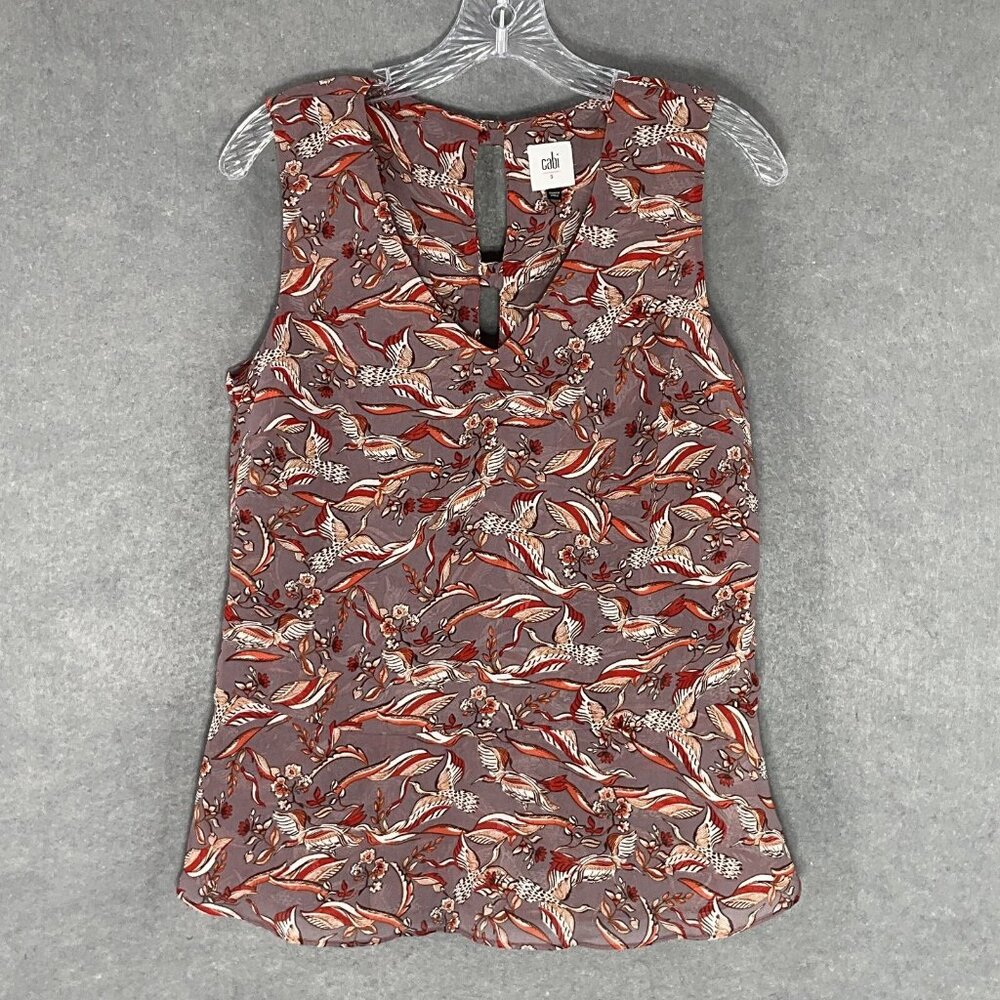 Cabi Top Womens Sz S V-Neck Bird Crane Print‎ Sleeveless Flowy Blouse Career